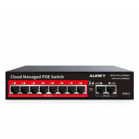 AUREY 8-Port PoE Switch, 8 PoE Ports + 2 Uplink LAN Ports for IP Cameras, NVR and CCTV Security Systems