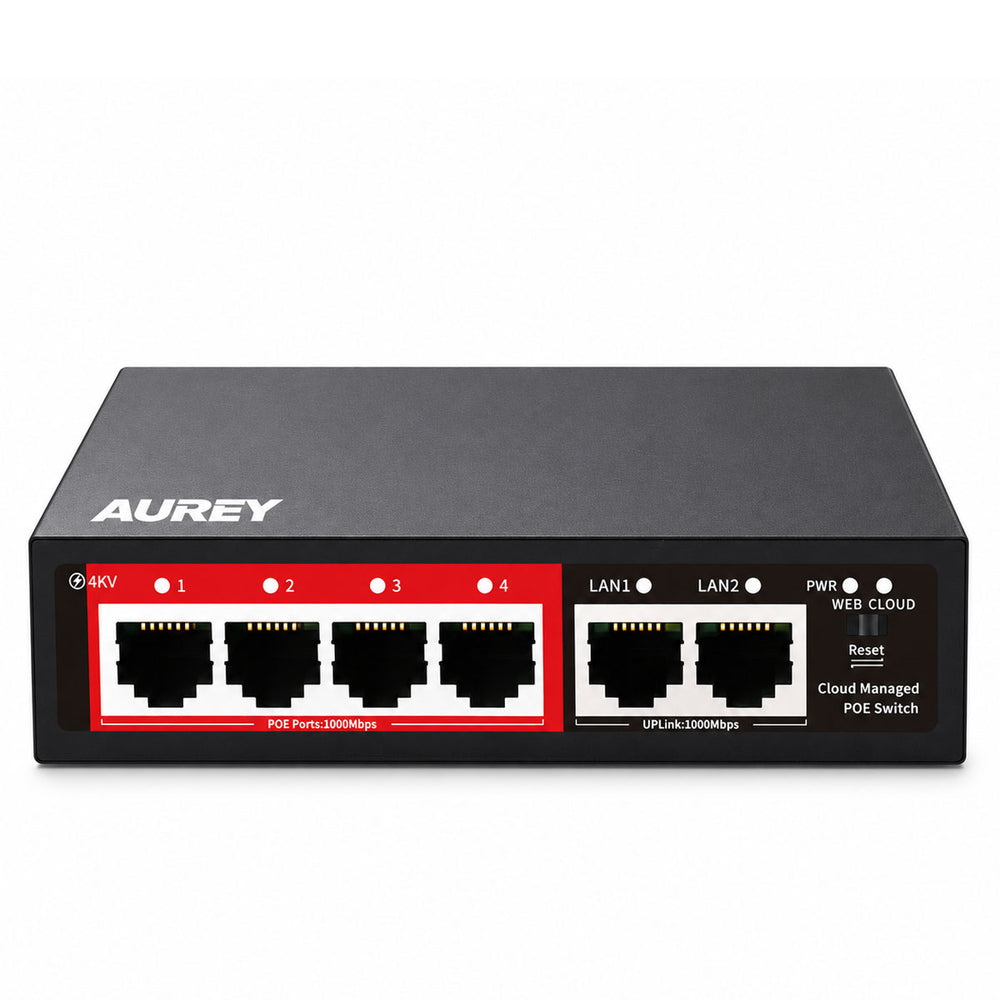 AUREY 4-Port Gigabit PoE Switch, 4 PoE Ports + 2 Uplink LAN Ports for IP Cameras, NVR and CCTV Security Systems