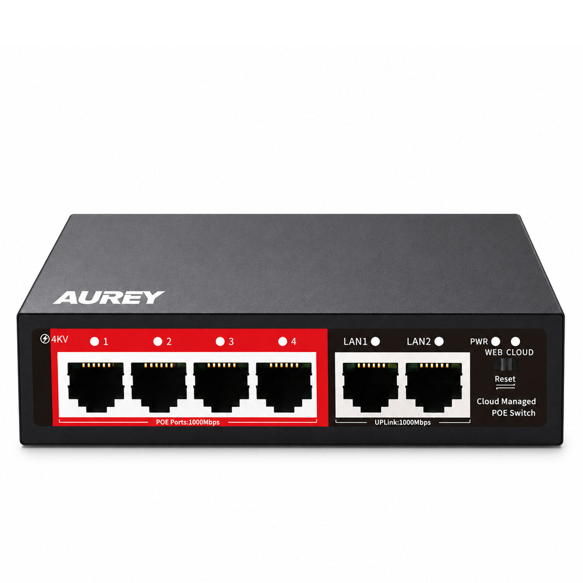 AUREY 4-Port Gigabit PoE Switch, 4 PoE Ports + 2 Uplink LAN Ports for IP Cameras, NVR and CCTV Security Systems
