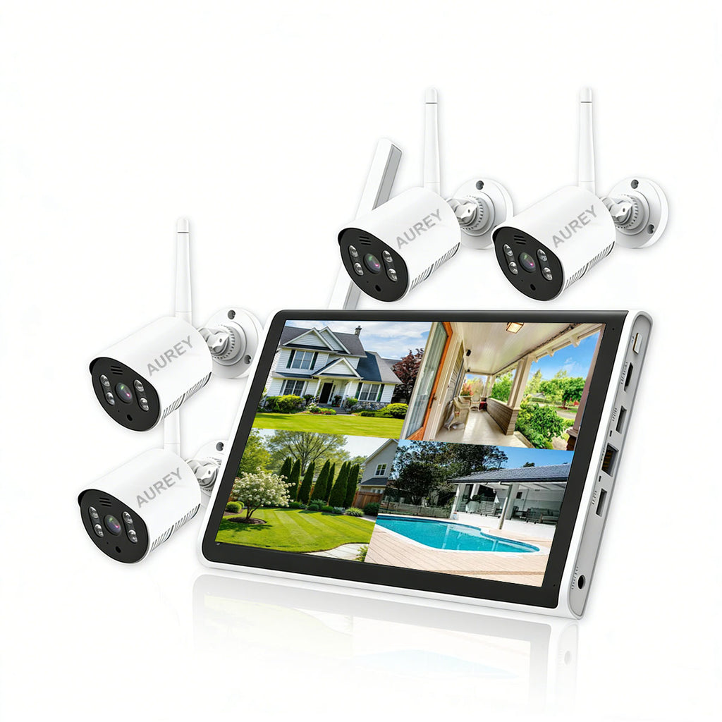 AUREY 4-Channel 3MP WIFI Security Camera System with Monitor, 4-Camera CCTV Kit with Screen, Night Vision & Remote Viewing, Hard Drive Not Included