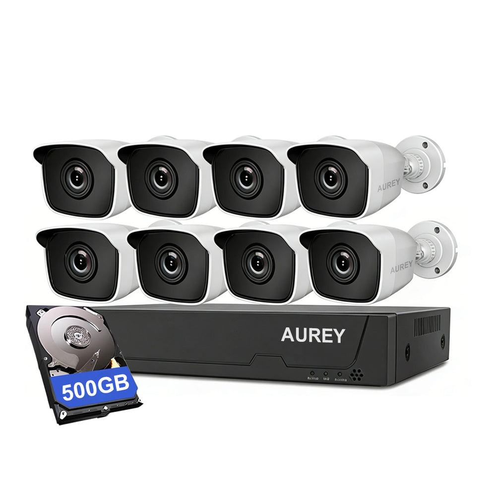 AUREY 8-Channel Compact Wired Security Camera System with 500GB Hard Drive, Outdoor CCTV Kit with DVR, Night Vision & Remote Viewing