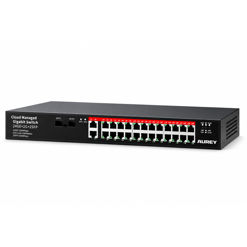 AUREY 24-Port Gigabit Switch, 24GE + 2G Uplink + 2SFP Cloud Managed Switch for PoE CCTV Cameras, NVR and Security Monitoring Systems