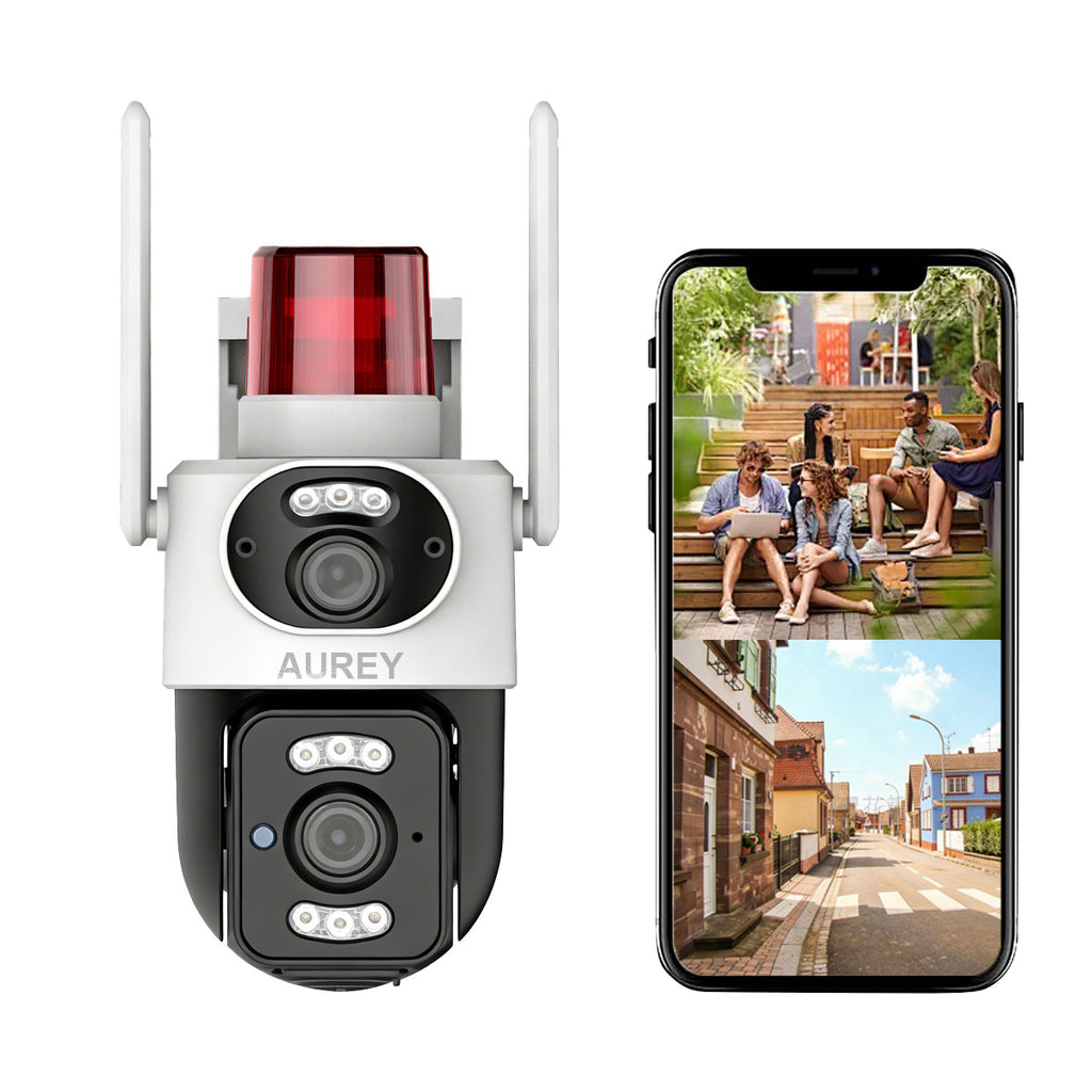 AUREY Dual-Lens WiFi 4MP PTZ Security Camera with Siren Alarm Light, Night Vision, Motion Detection & Two-Way Audio