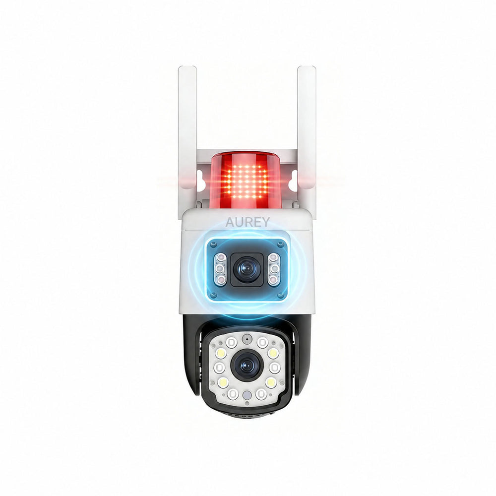 Dual-Lens WiFi PTZ Security Camera with Siren Alarm Light, Outdoor Wireless Camera with Night Vision & Two-Way Audio