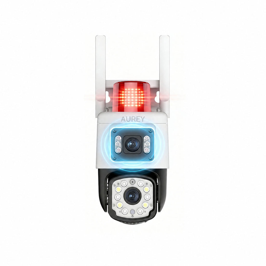 Dual-Lens WiFi 4MP  PTZ Security Camera with Siren Alarm Light, Outdoor Camera with Night Vision & Two-Way Audio