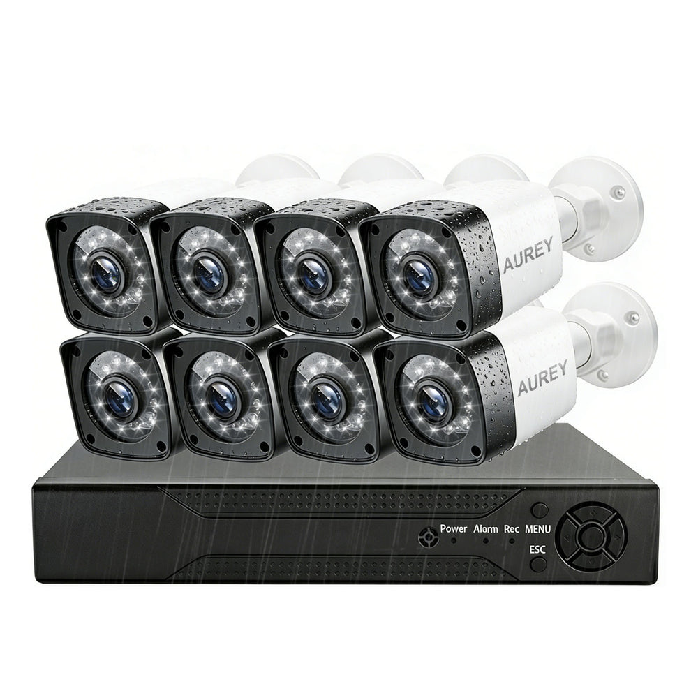 AUREY 8-Channel Wired Security Camera System, 8-Camera Outdoor CCTV Kit with DVR, Night Vision & Remote Viewing, Hard Drive Not Included