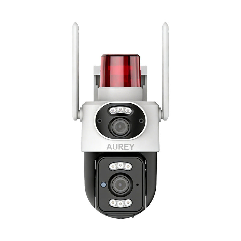 AUREY Dual-Lens WiFi 4MP PTZ Security Camera with Siren Alarm Light, Night Vision, Motion Detection & Two-Way Audio