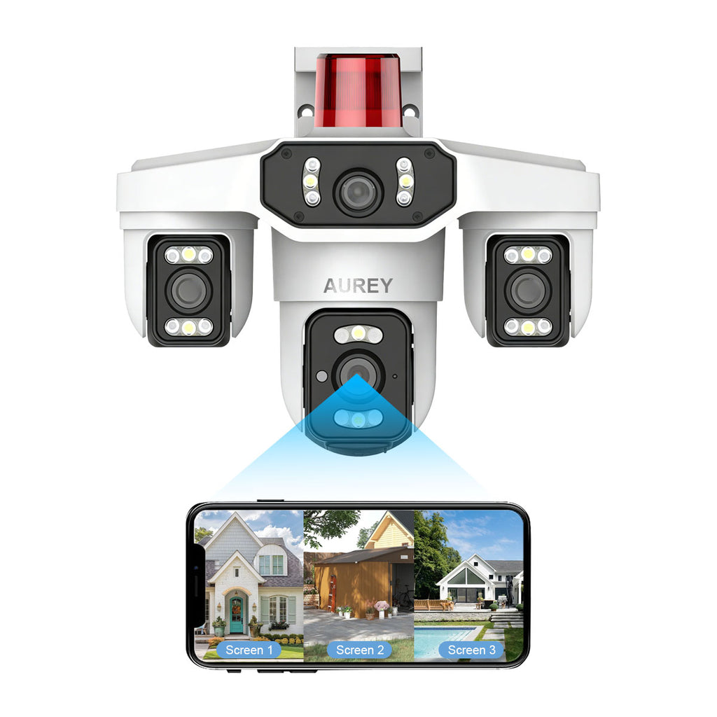 AUREY Triple-lens WiFi 6MP  PTZ Security Camera with Siren Alarm, Night Vision, Motion Detection & Two-Way Audio