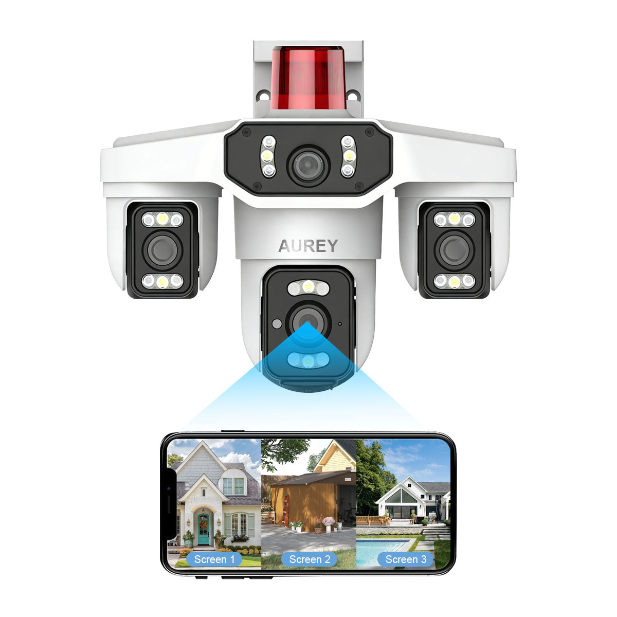 AUREY Multi-Lens WiFi PTZ Security Camera with Siren Alarm, Night Vision, Motion Detection & Two-Way Audio