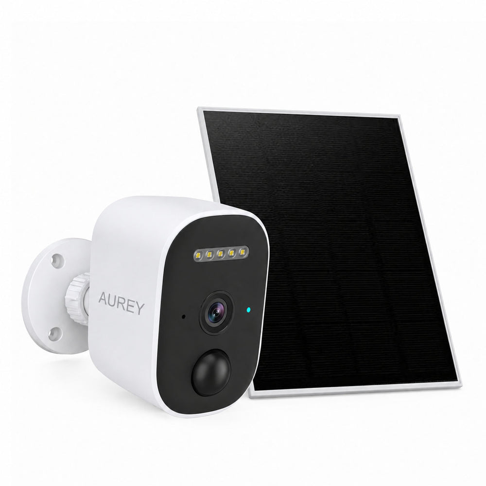 AUREY Solar Battery Security Camera, Wireless Outdoor WiFi Camera with Solar Panel, Night Vision & Motion Alerts