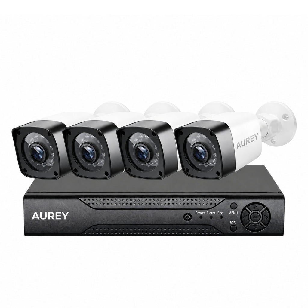 AUREY 4-Channel Wired Security Camera System, Outdoor CCTV Kit with Recorder, Night Vision & Remote Viewing, Hard Drive Not Included