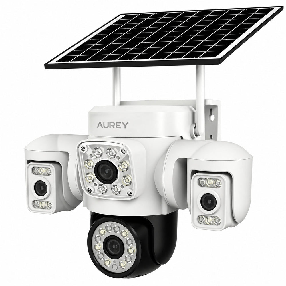 AUREY Solar Multi-Lens PTZ Battery Security Camera, Wireless Outdoor Camera with Night Vision, Motion Detection & Two-Way Audio