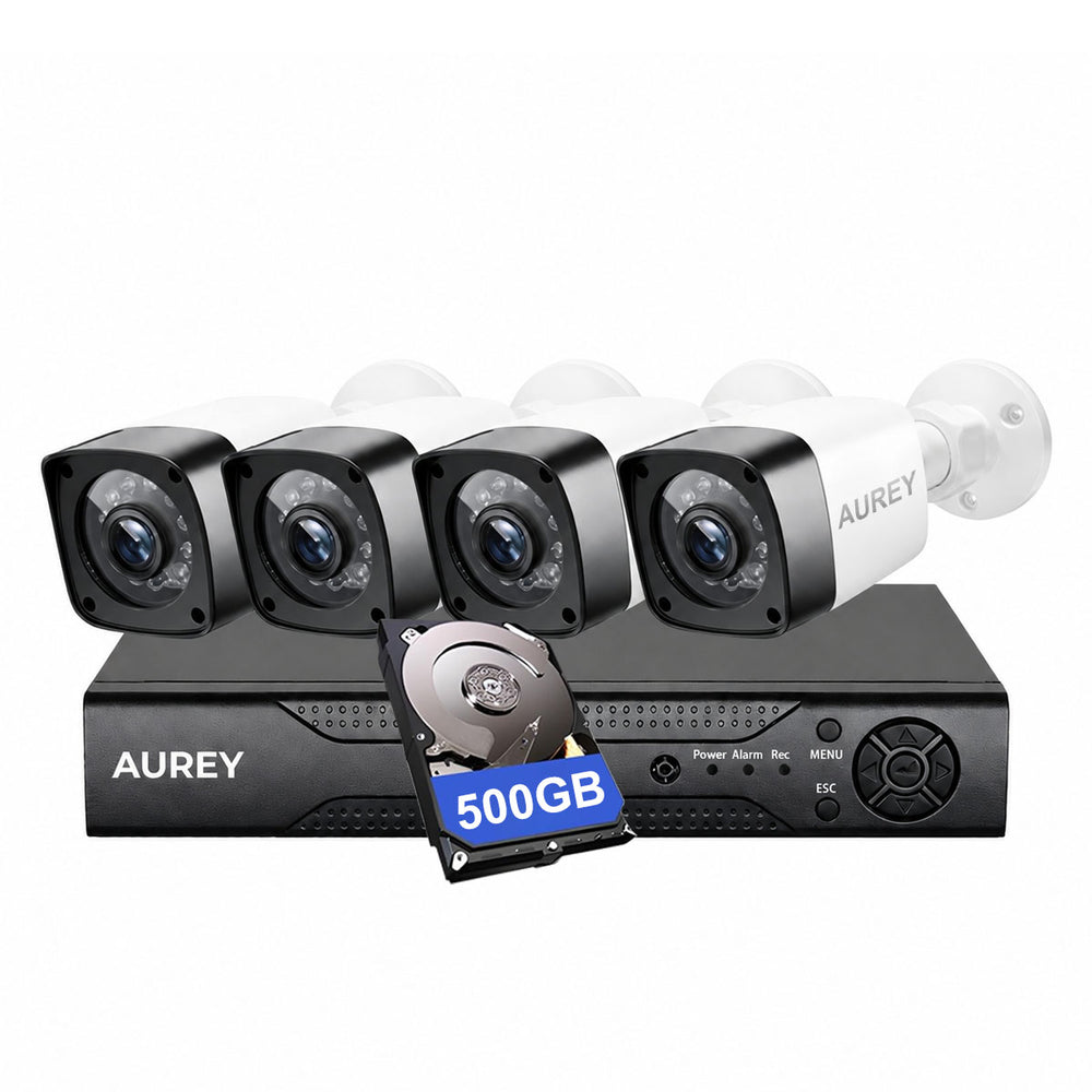 AUREY 4-Channel Wired Security Camera System with 500GB Recorder, Outdoor CCTV Kit with Night Vision & Remote Viewing