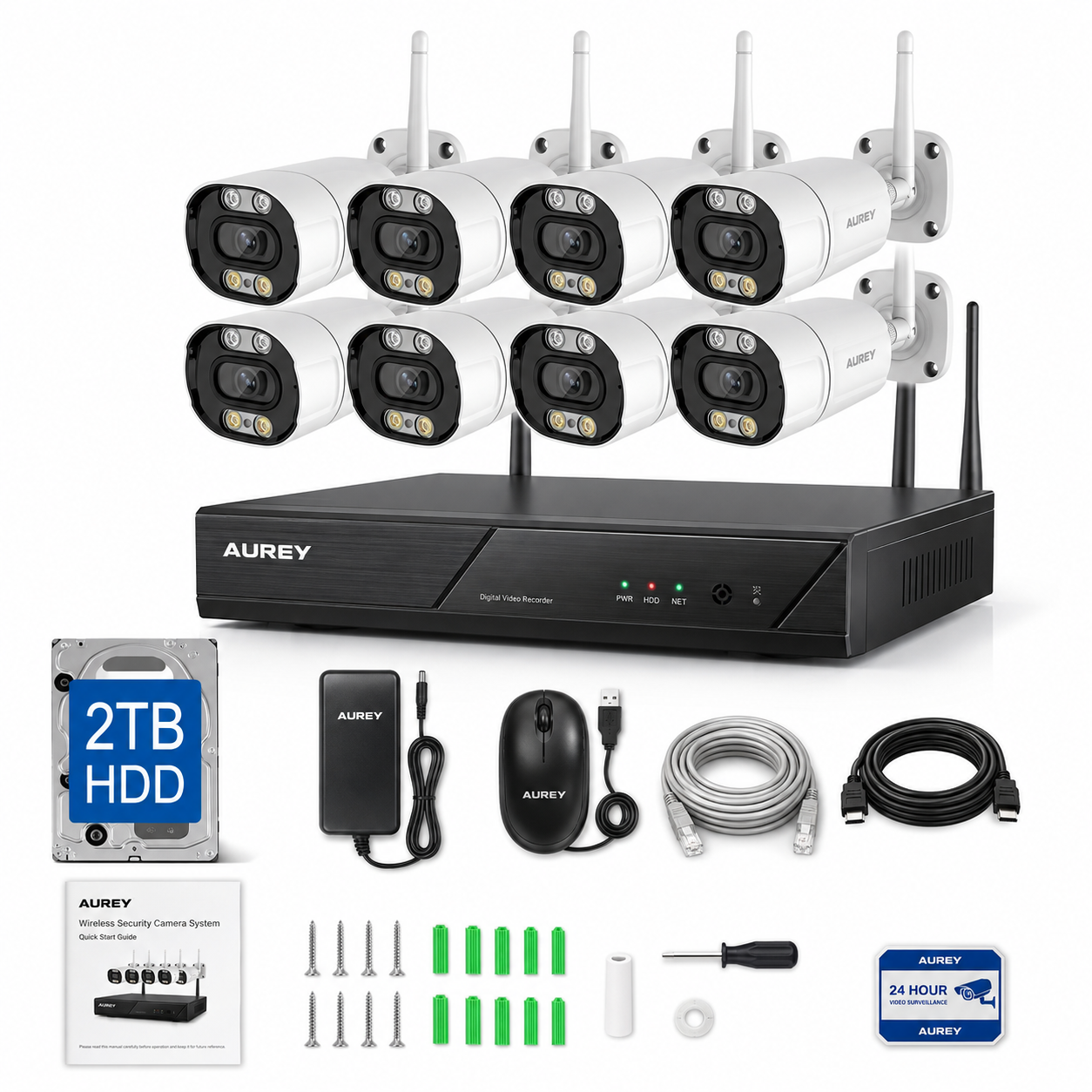 AUREY 8CH  5MP wifi Security Camera System with 8 Outdoor Cameras, NVR Recorder, 2TB HDD, Night Vision & Remote App Viewing