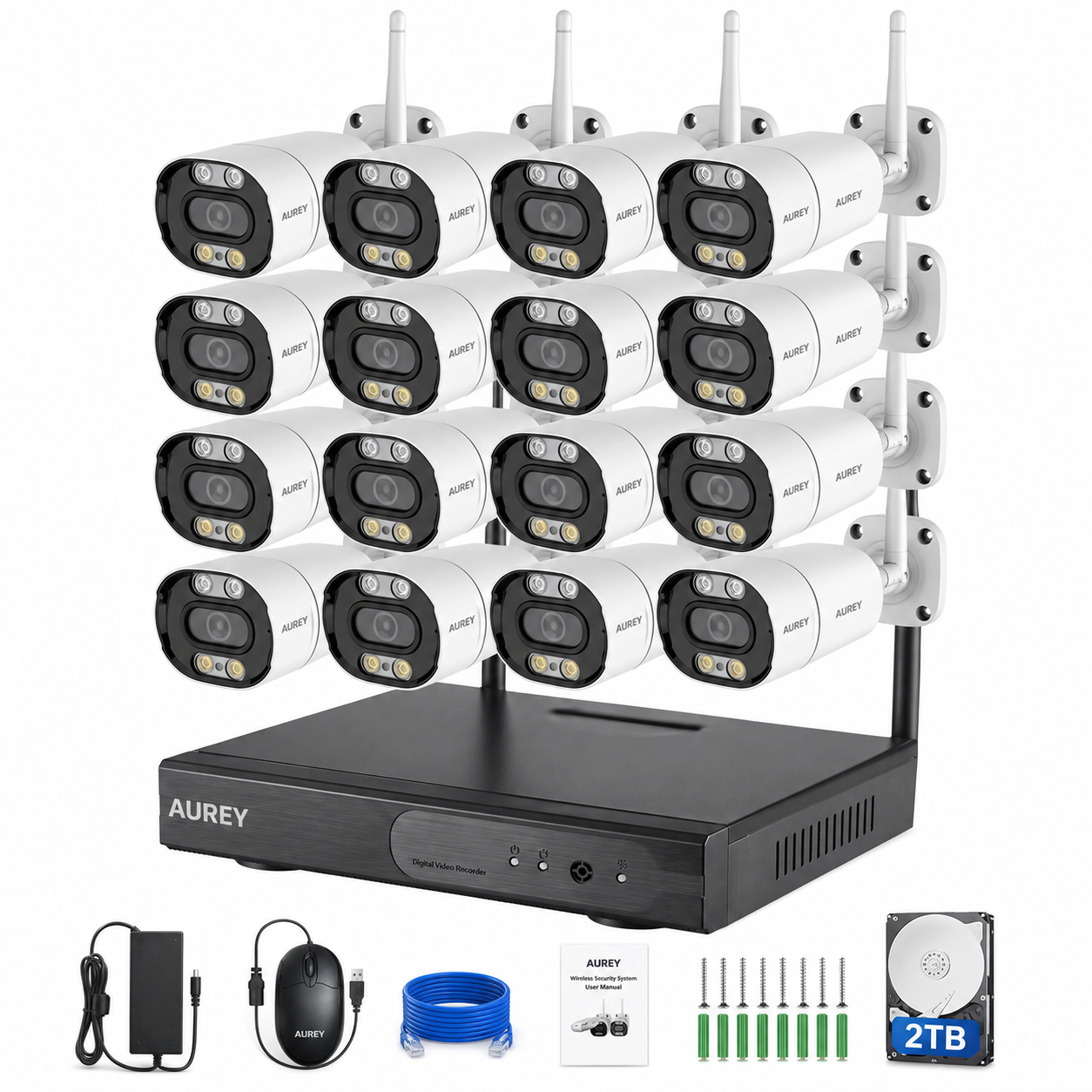 AUREY 16CH 5MP WIFI Security Camera System with 16 Outdoor Cameras, NVR Recorder, 2TB HDD, Night Vision & Remote Viewing