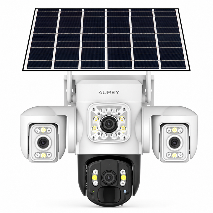 AUREY Solar 4G 6MP Triple-lens PTZ Battery Security Camera, Outdoor Camera with Night Vision, Motion Detection & Two-Way Audio