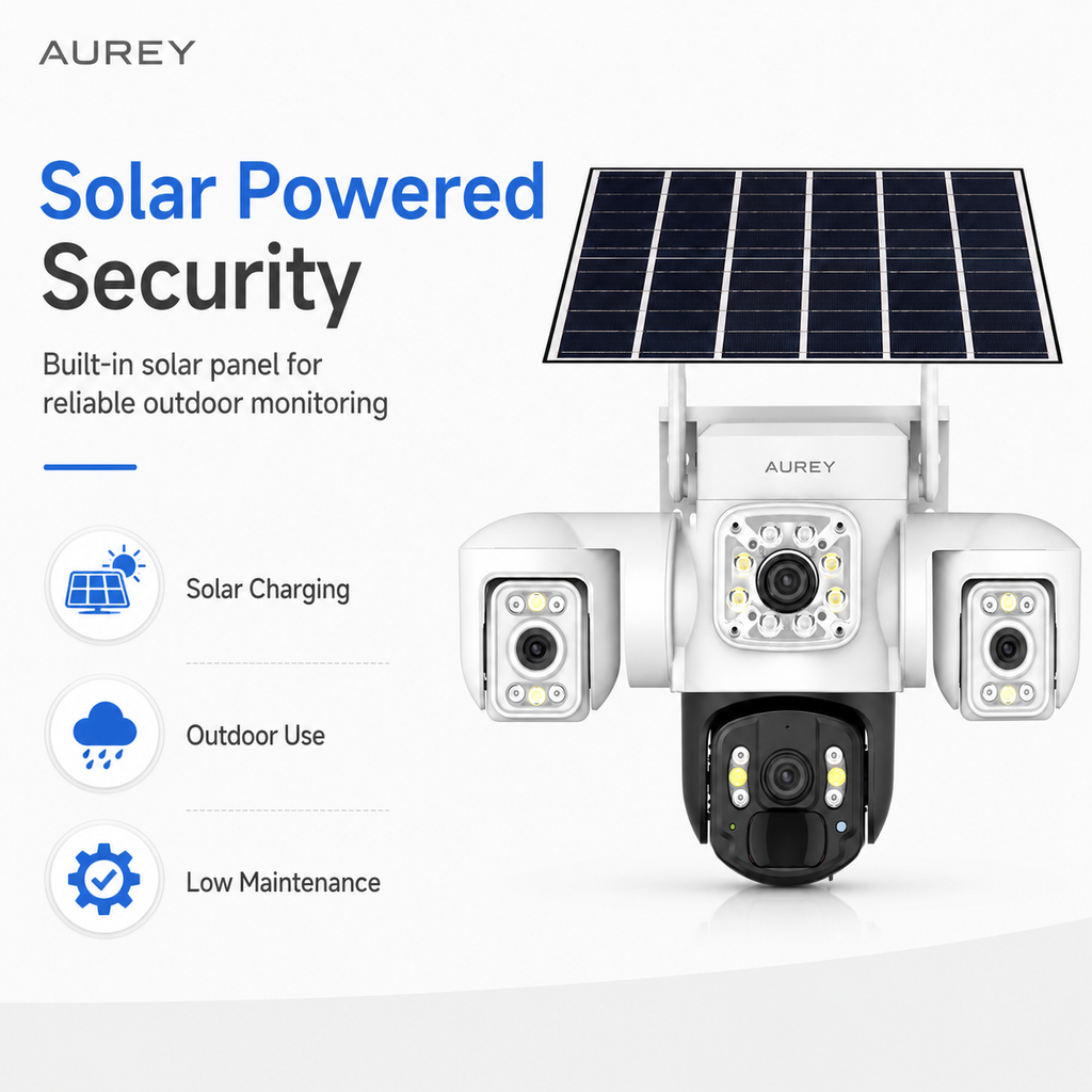 AUREY Solar 4G 6MP Triple-lens PTZ Battery Security Camera, Outdoor Camera with Night Vision, Motion Detection & Two-Way Audio