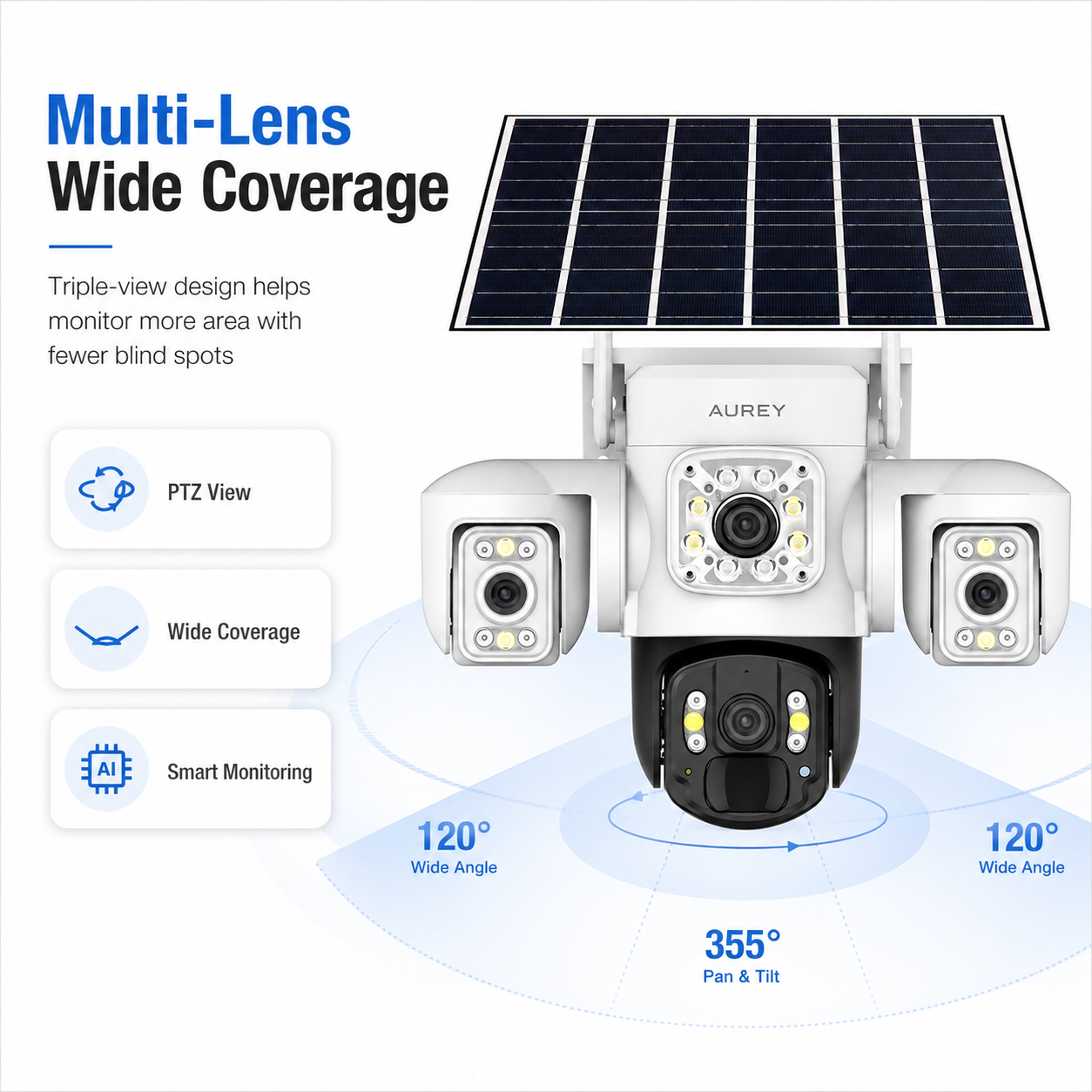 AUREY Solar 4G 6MP Triple-lens PTZ Battery Security Camera, Outdoor Camera with Night Vision, Motion Detection & Two-Way Audio