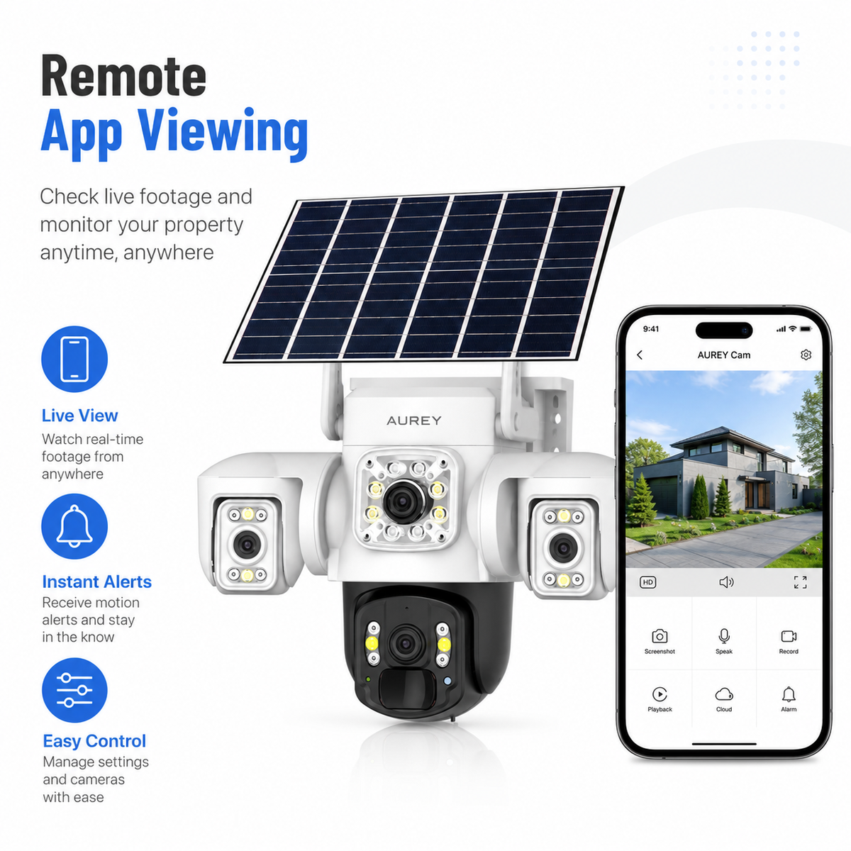AUREY Solar 4G 6MP Triple-lens PTZ Battery Security Camera, Outdoor Camera with Night Vision, Motion Detection & Two-Way Audio