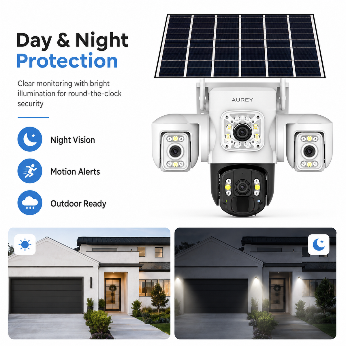 AUREY Solar 4G 6MP Triple-lens PTZ Battery Security Camera, Outdoor Camera with Night Vision, Motion Detection & Two-Way Audio