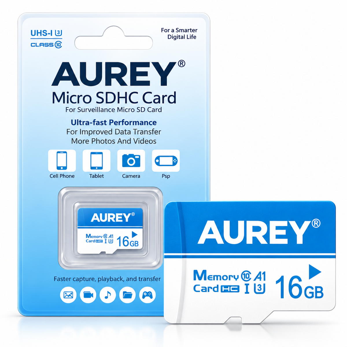 AUREY 16GB Micro SD Memory Card, UHS-I U3 A1 Class 10 TF Card for CCTV Cameras, Smartphones & Tablets