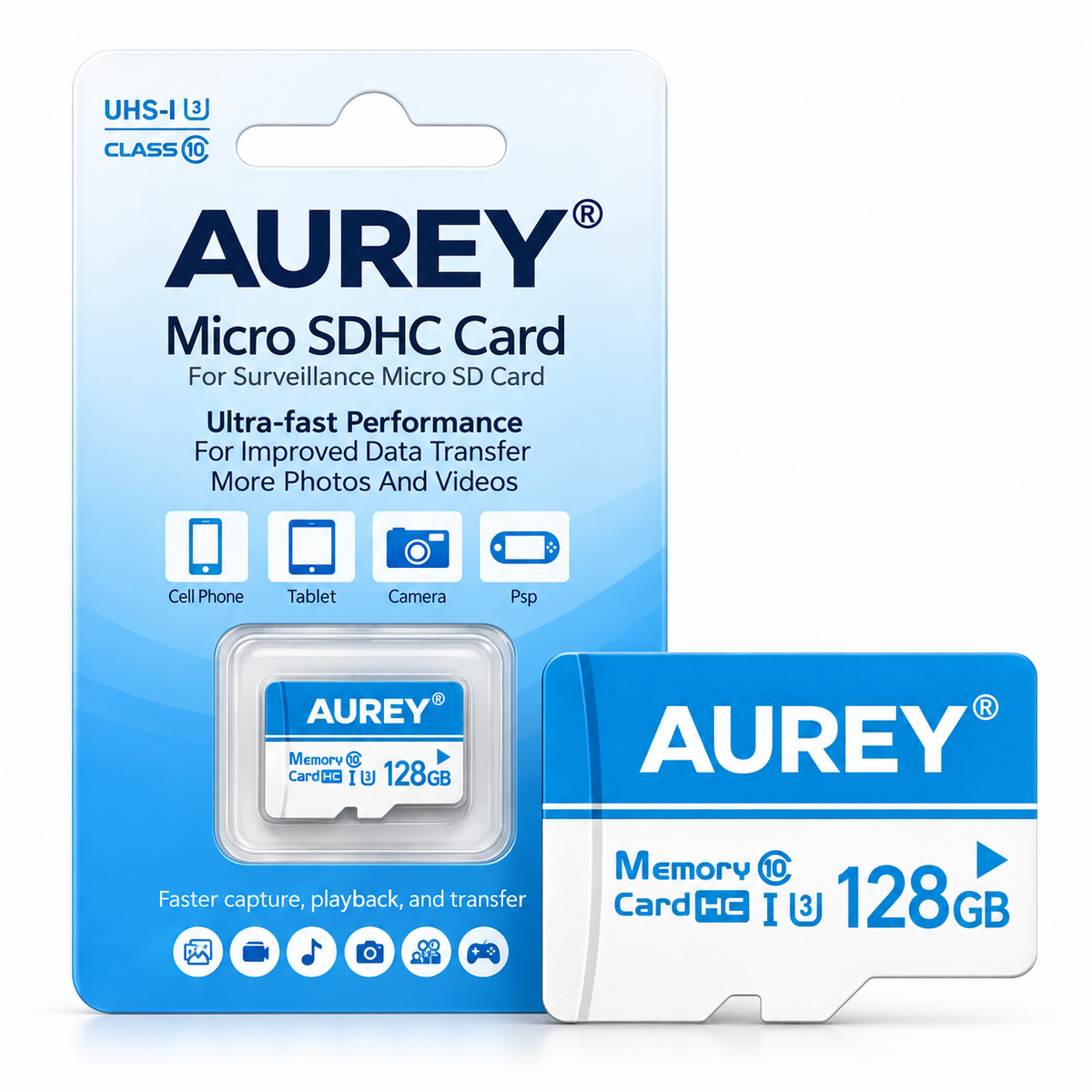 AUREY 128GB Micro SD Memory Card, UHS-I U3 A1 Class 10 TF Card for CCTV Cameras, Smartphones & Tablets