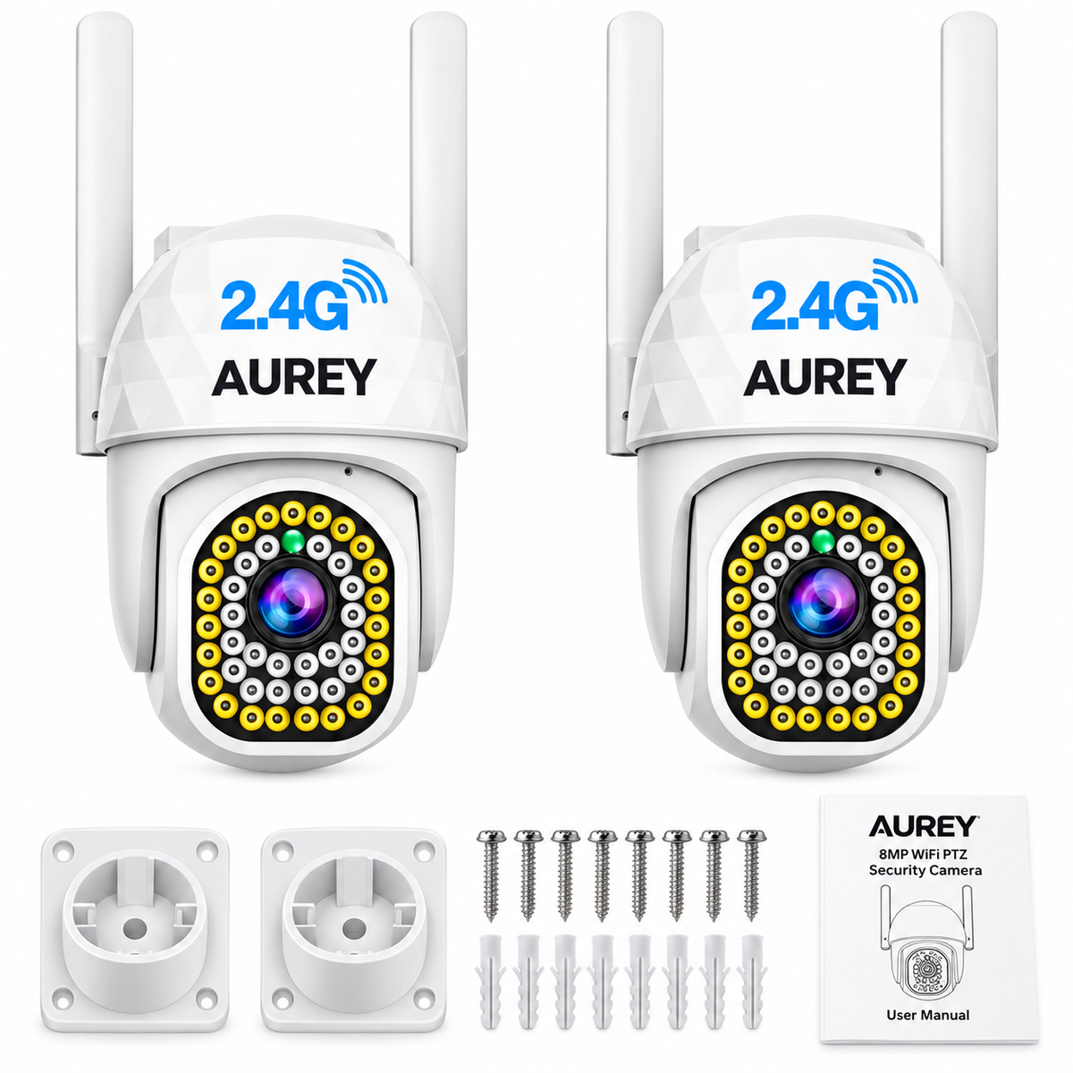 AUREY 2-Pack 8MP WiFi PTZ Outdoor Security Cameras with Colour Night Vision