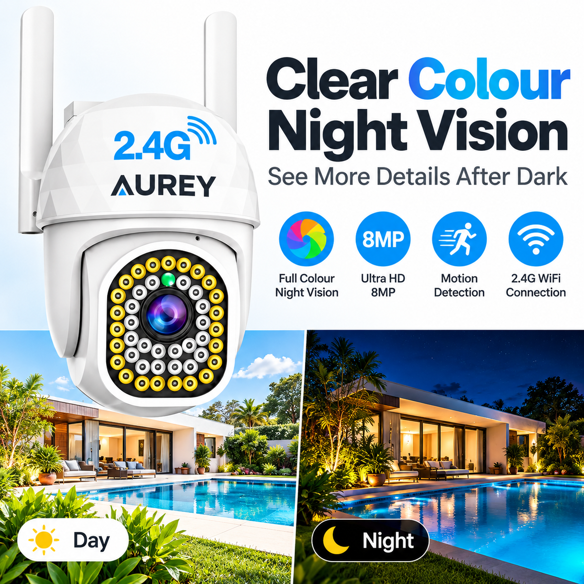 AUREY 2-Pack 8MP WiFi PTZ Outdoor Security Cameras with Colour Night Vision