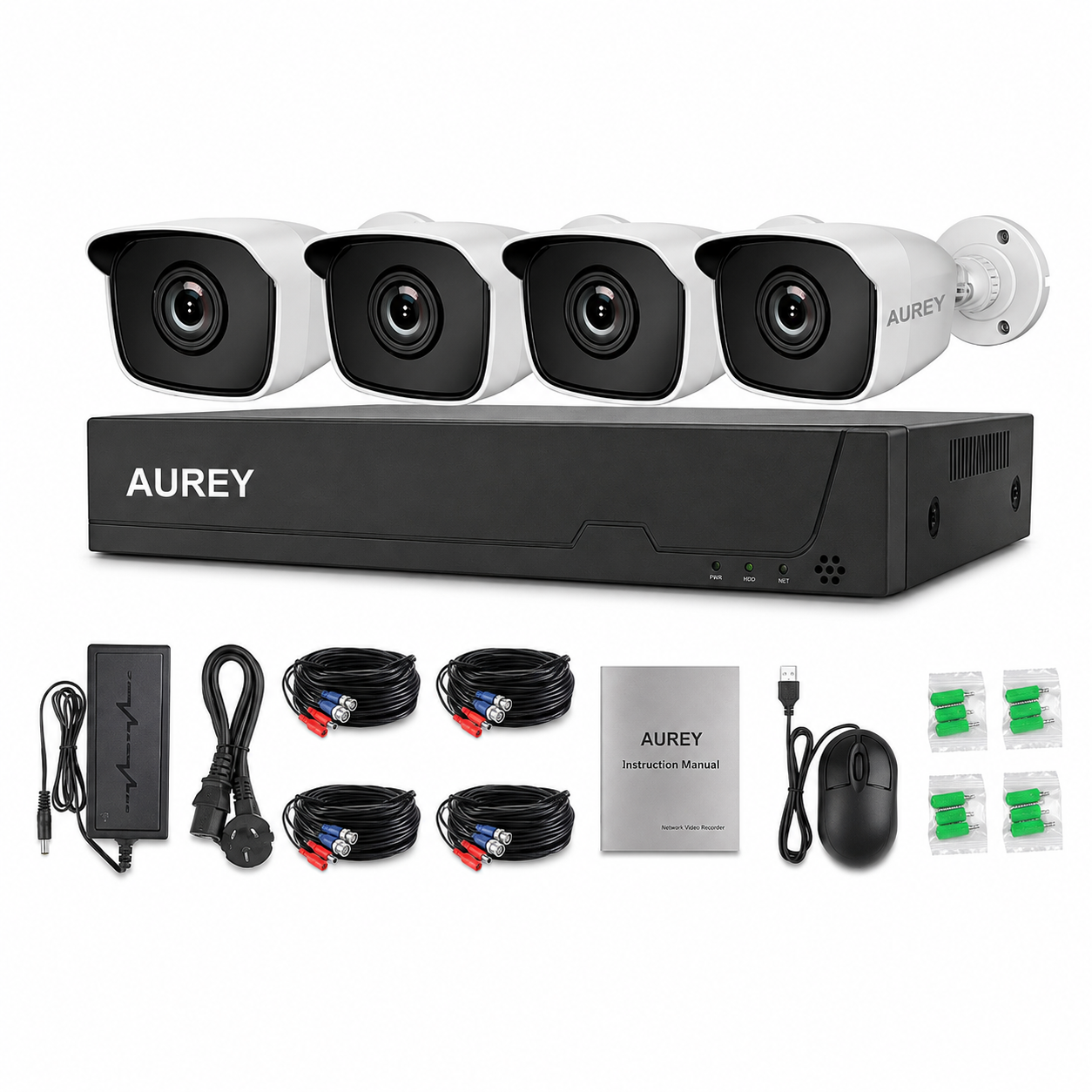 AUREY 4-Channel Wired Security Camera System, Compact Outdoor CCTV Kit with DVR, Night Vision & Remote Viewing, Hard Drive Not Included