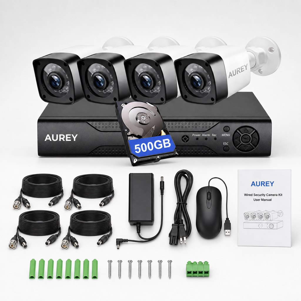 AUREY 4-Channel Wired Security Camera System with 500GB Recorder, Outdoor CCTV Kit with Night Vision & Remote Viewing