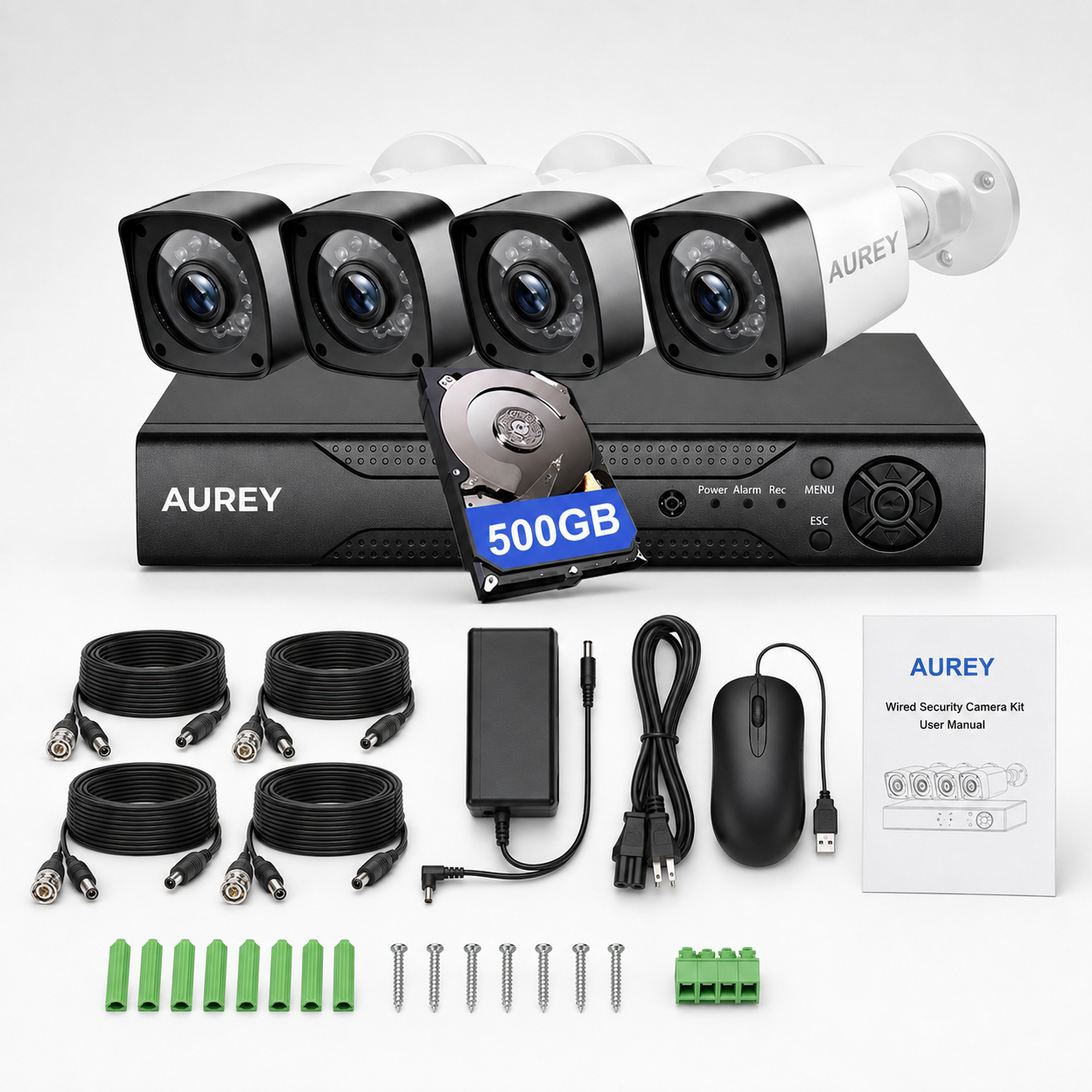 AUREY 4-Channel Wired Security Camera System with 500GB Recorder, Outdoor CCTV Kit with Night Vision & Remote Viewing