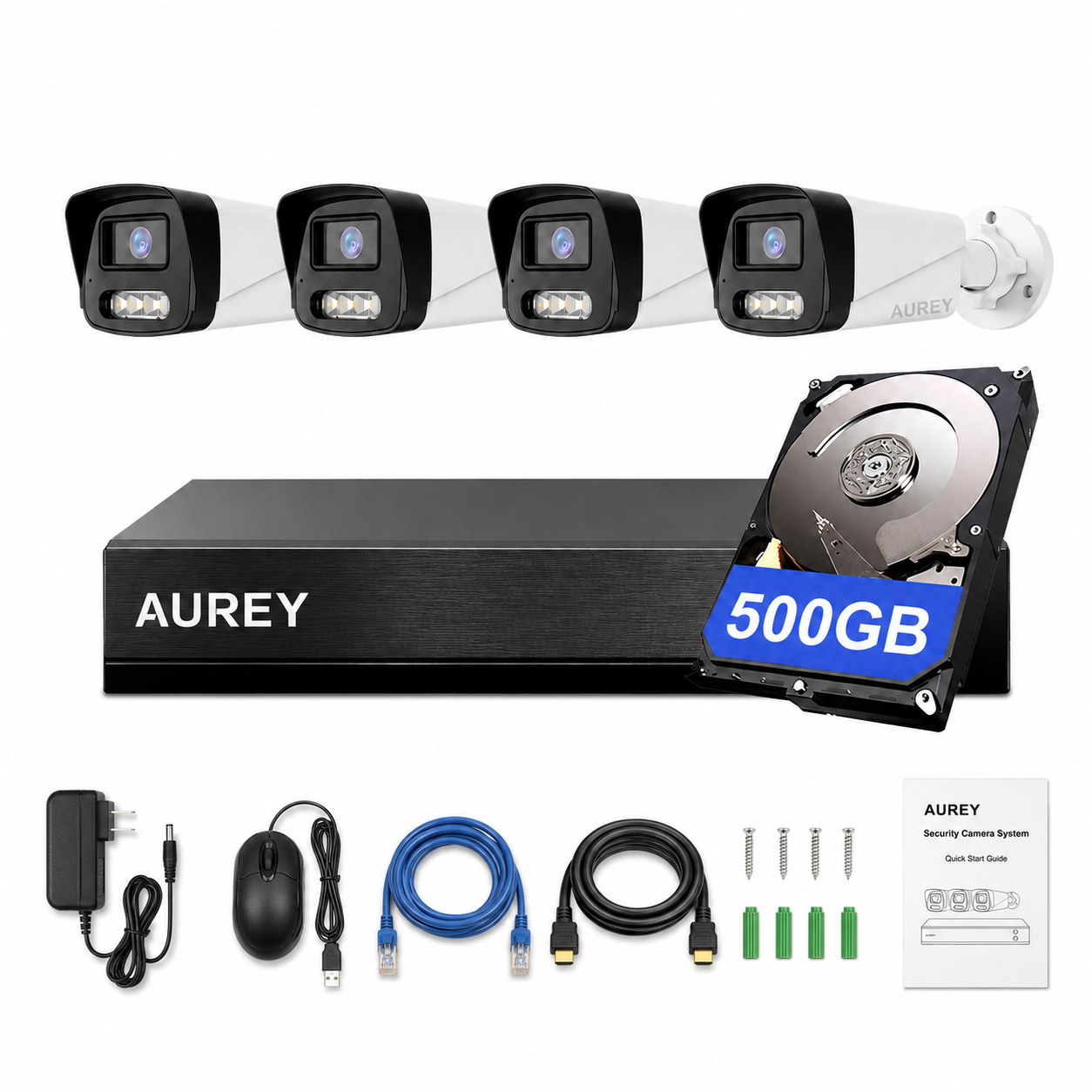 AUREY 4-Channel 5MP WiFi Security Camera System with 500GB Hard Drive, 4-Camera Wireless CCTV Kit with NVR, Night Vision & Remote Viewing