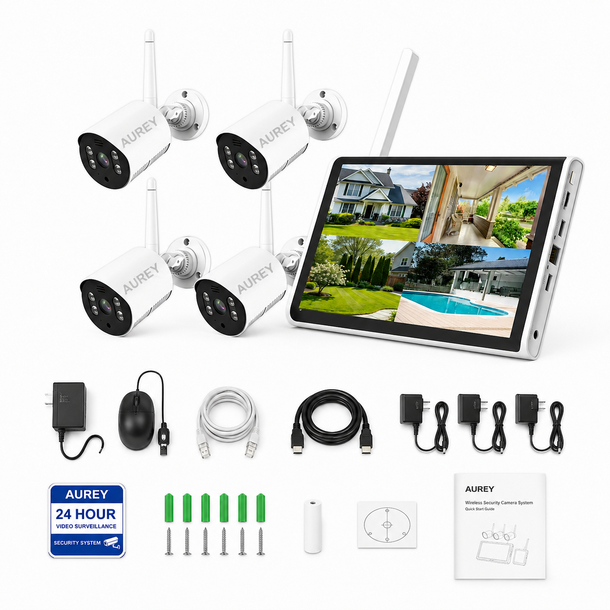 AUREY 4-Channel 3MP WIFI Security Camera System with Monitor, 4-Camera CCTV Kit with Screen, Night Vision & Remote Viewing, Hard Drive Not Included