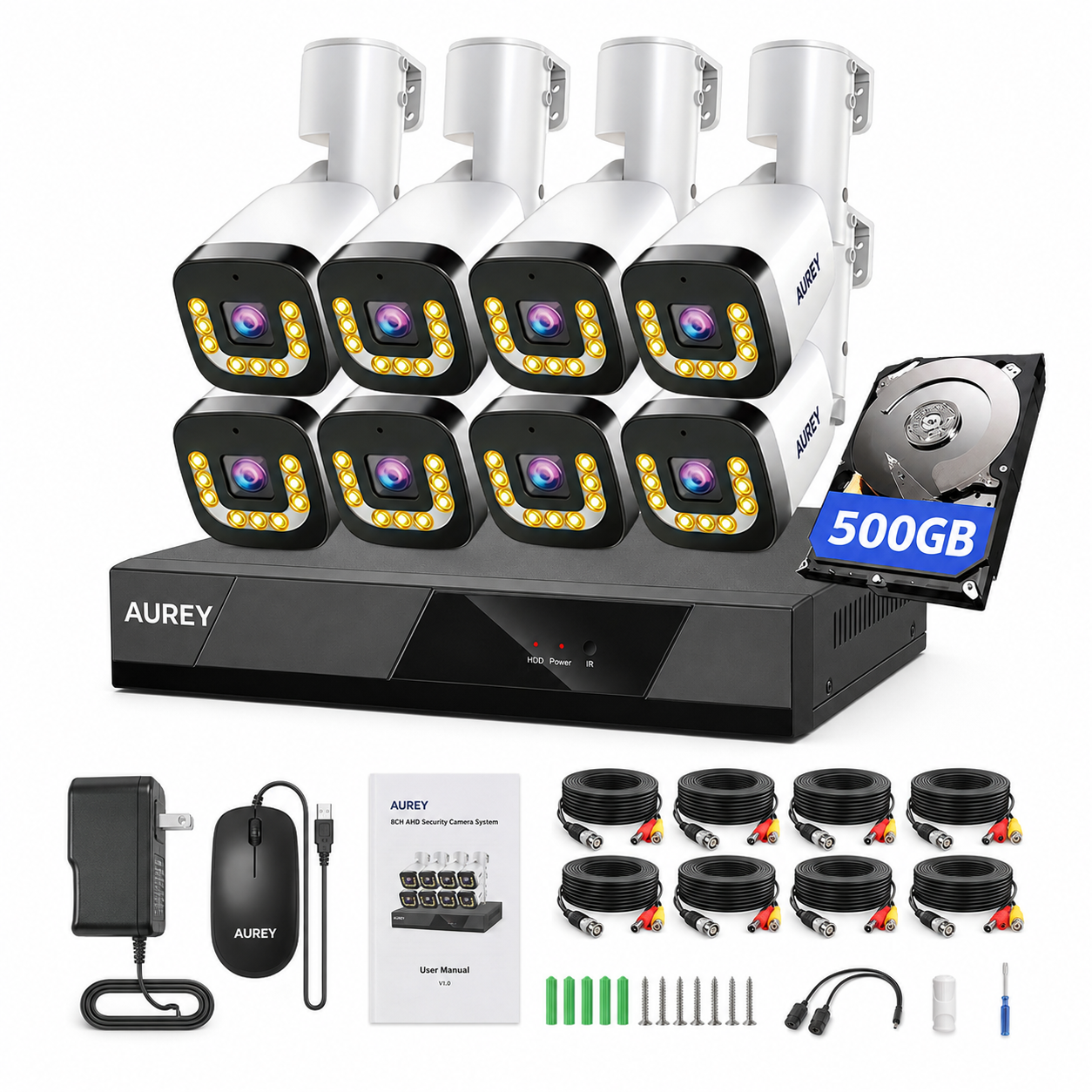 AUREY 8-Channel 3MP Outdoor Security Camera System, CCTV Kit with Recorder, Night Vision & Remote Viewing