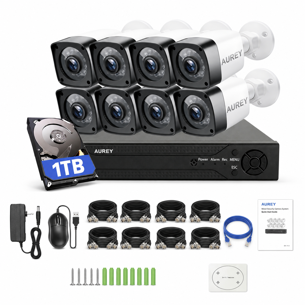 AUREY 8-Channel 3MP Wired Security Camera System with 1TB Hard Drive, 8-Camera Outdoor CCTV Kit with DVR, Night Vision & Remote Viewing
