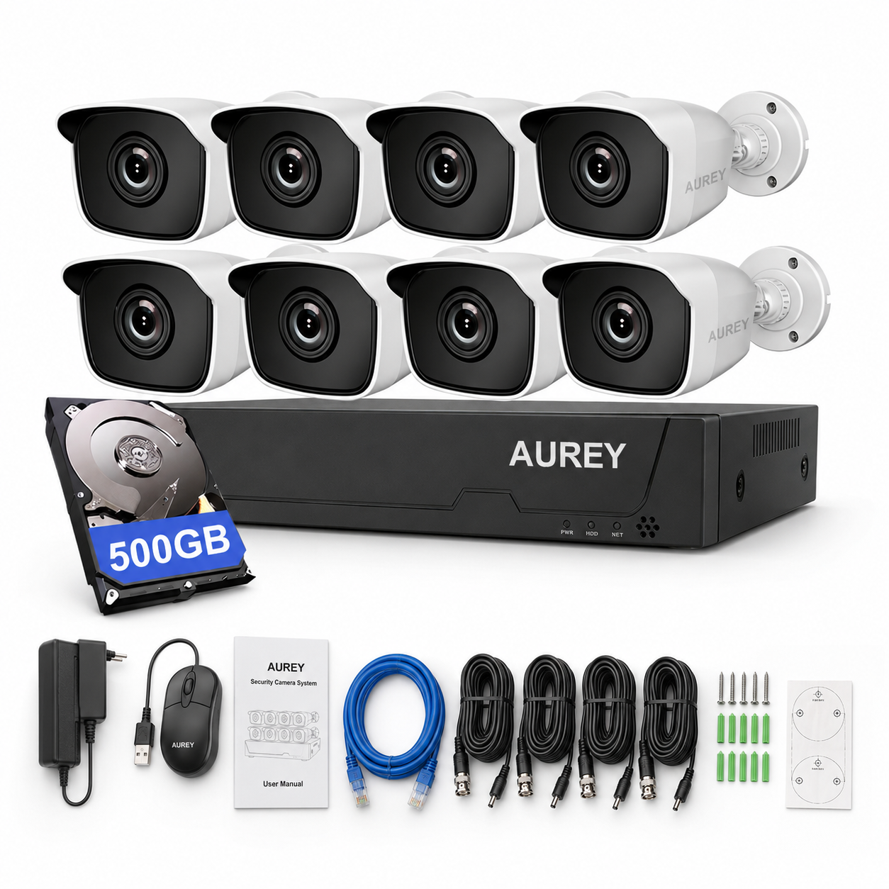 AUREY 8-Channel 2MP Compact Wired Security Camera System with 500GB Hard Drive, Outdoor CCTV Kit with DVR, Night Vision & Remote Viewing