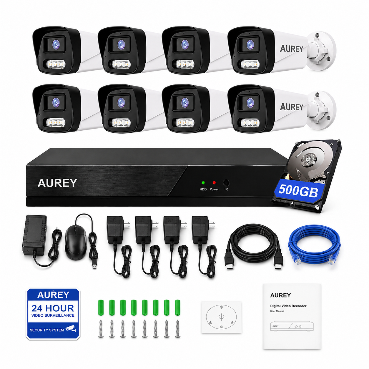 AUREY 8-Channel 5MP WiFi Security Camera System with 500GB Hard Drive, 8-Camera Wireless CCTV Kit with NVR, Night Vision & Remote Viewing