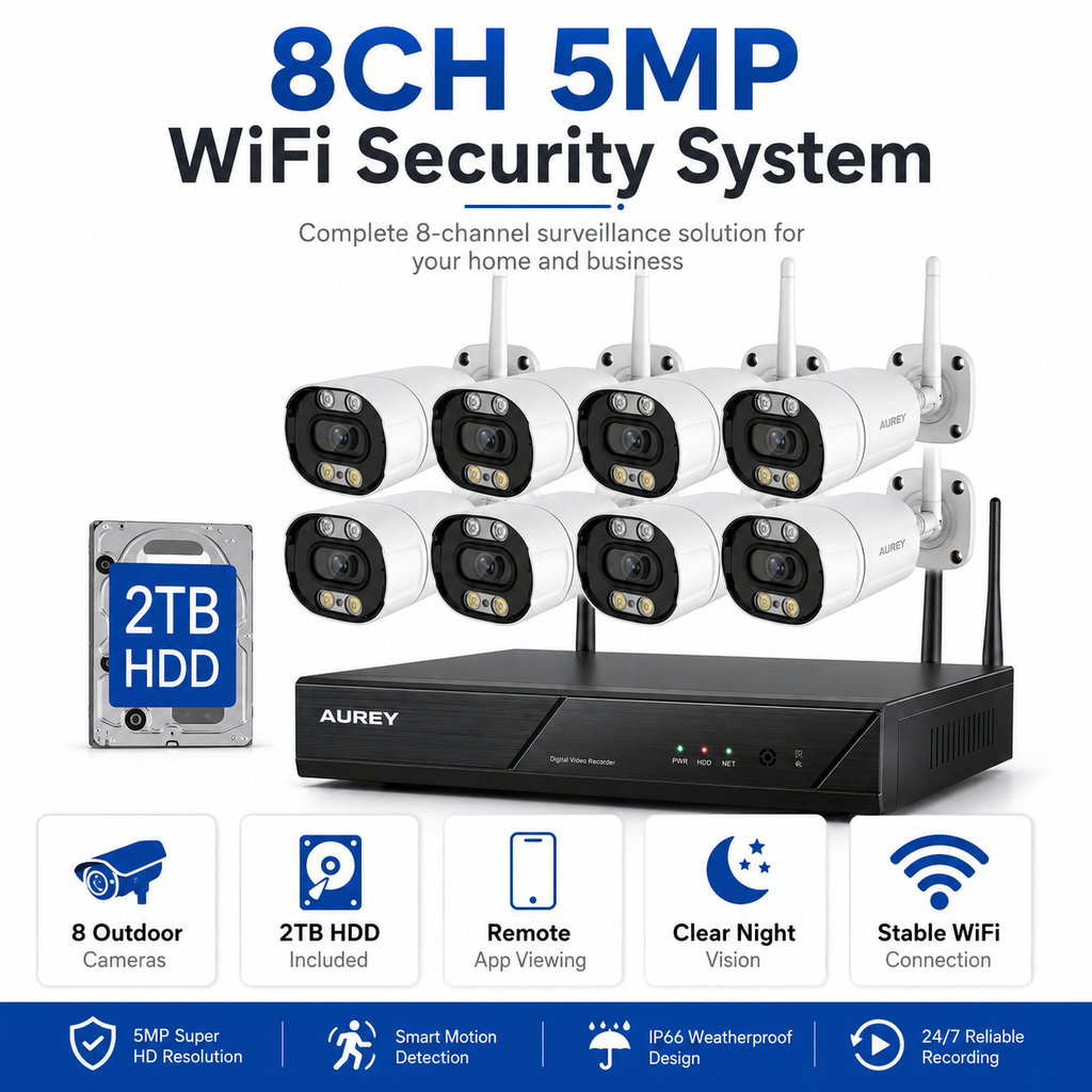 AUREY 8CH  5MP wifi Security Camera System with 8 Outdoor Cameras, NVR Recorder, 2TB HDD, Night Vision & Remote App Viewing