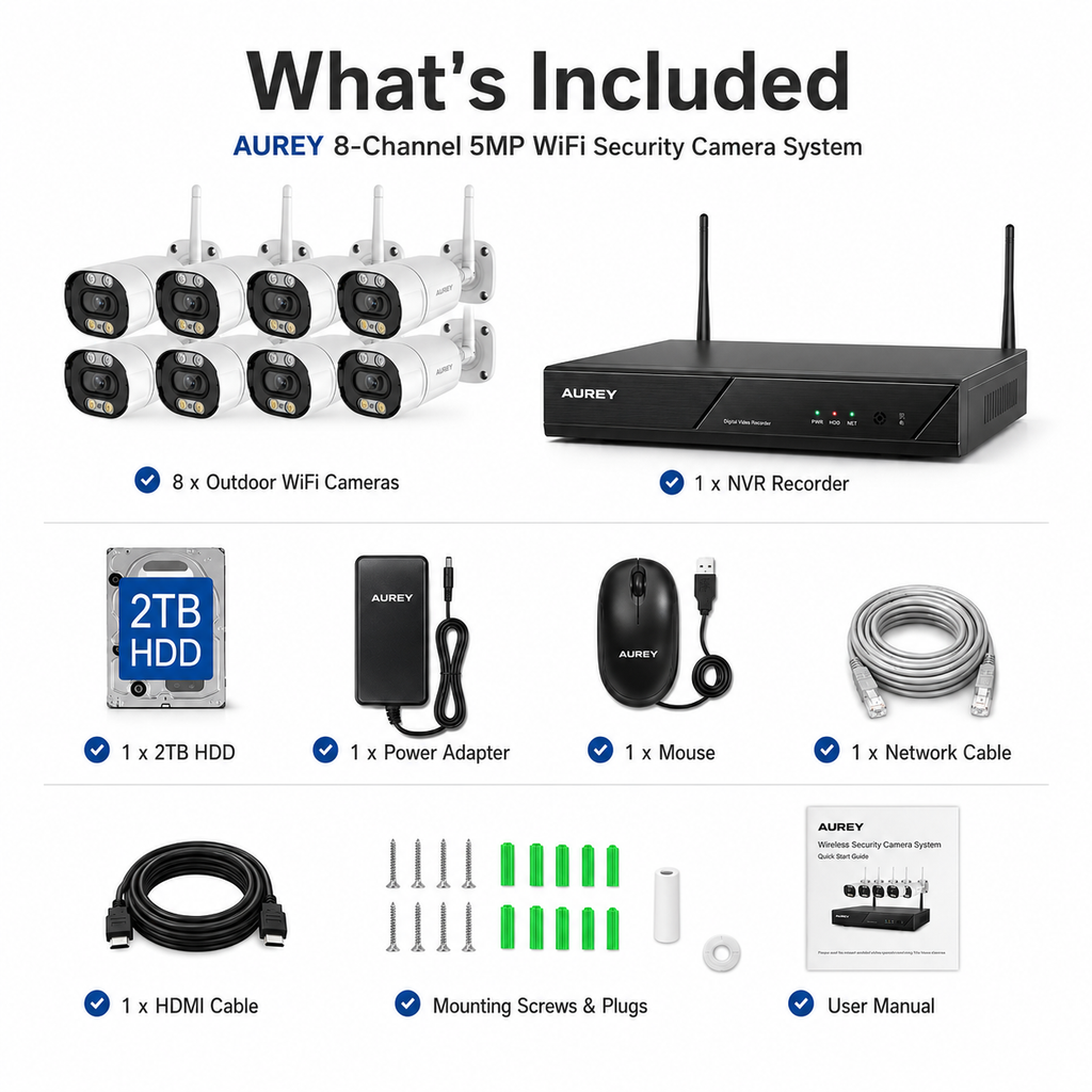 AUREY 8CH  5MP wifi Security Camera System with 8 Outdoor Cameras, NVR Recorder, 2TB HDD, Night Vision & Remote App Viewing