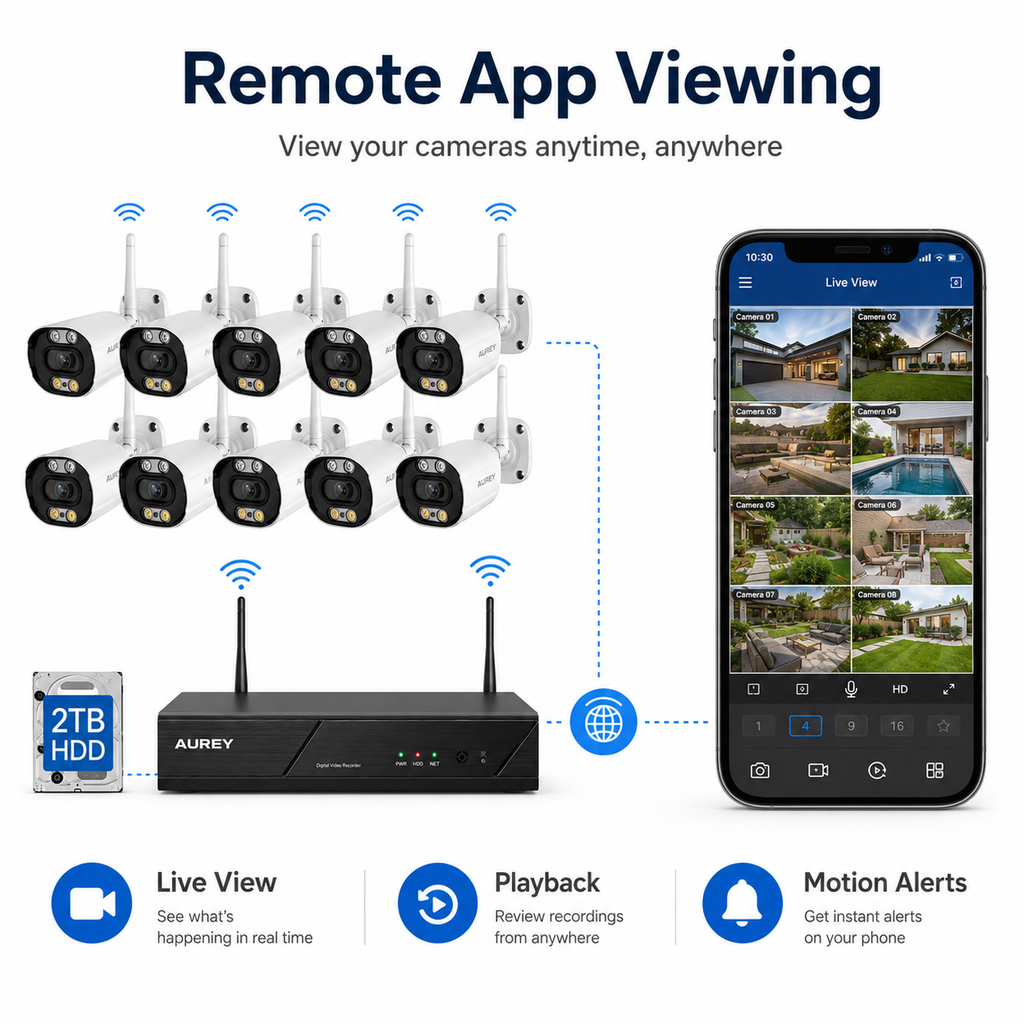 AUREY 8CH  5MP wifi Security Camera System with 8 Outdoor Cameras, NVR Recorder, 2TB HDD, Night Vision & Remote App Viewing