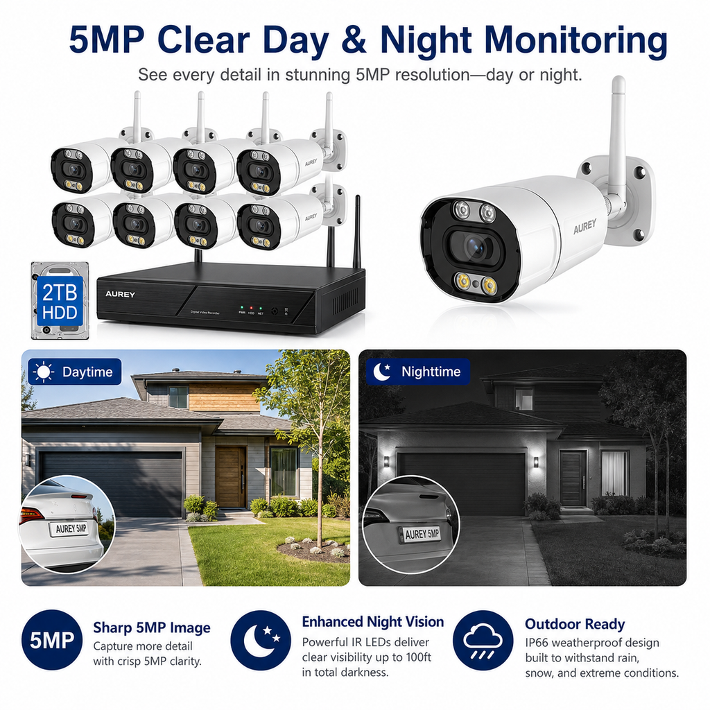 AUREY 8CH  5MP wifi Security Camera System with 8 Outdoor Cameras, NVR Recorder, 2TB HDD, Night Vision & Remote App Viewing