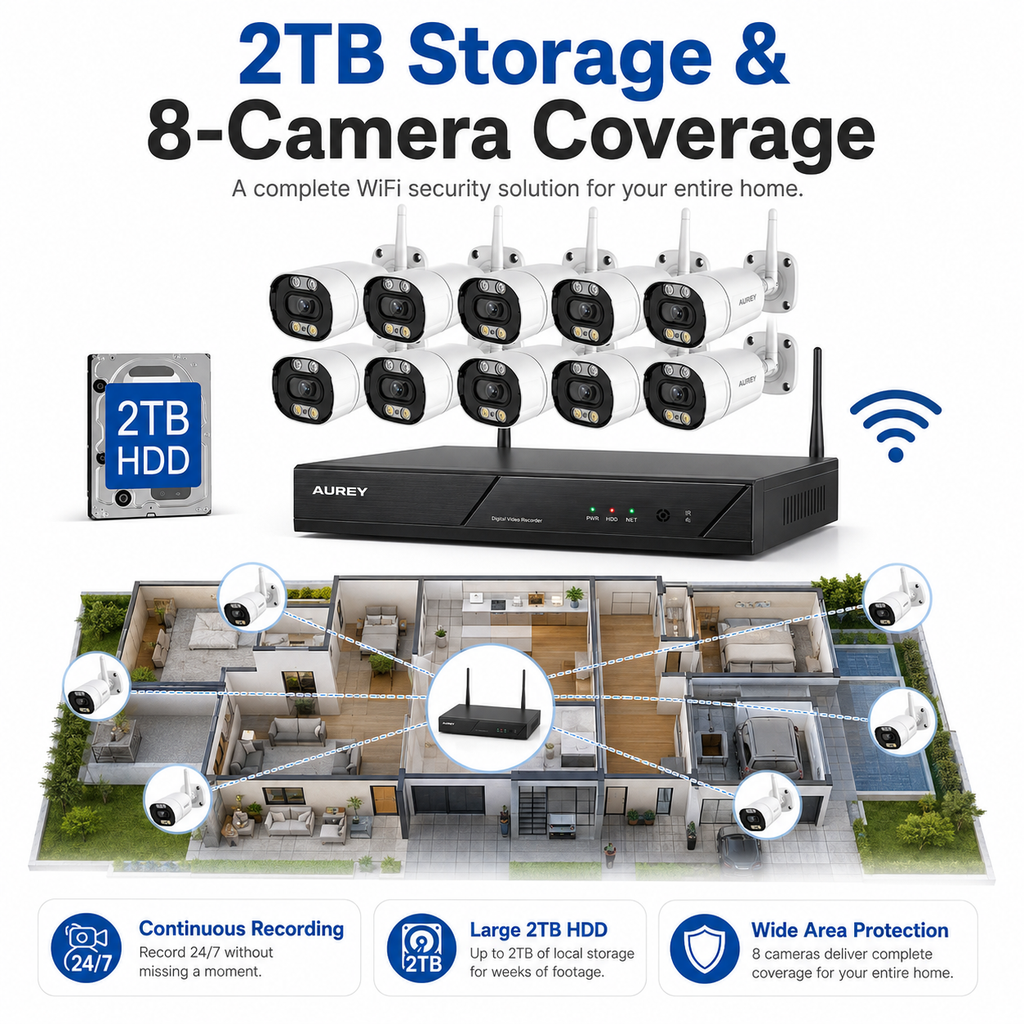 AUREY 8CH  5MP wifi Security Camera System with 8 Outdoor Cameras, NVR Recorder, 2TB HDD, Night Vision & Remote App Viewing