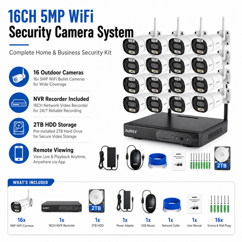 AUREY 16CH 5MP WIFI Security Camera System with 16 Outdoor Cameras, NVR Recorder, 2TB HDD, Night Vision & Remote Viewing