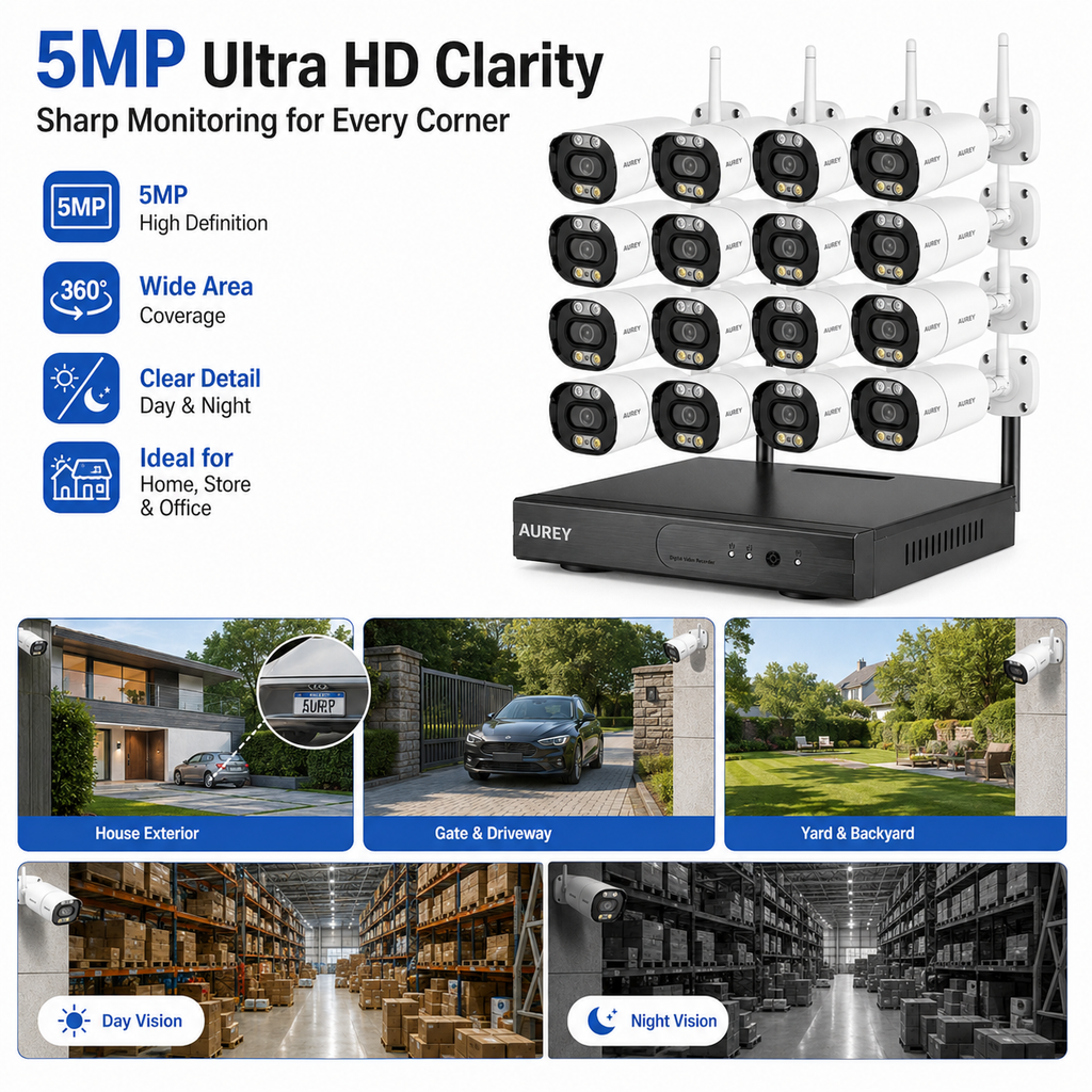 AUREY 16CH 5MP WIFI Security Camera System with 16 Outdoor Cameras, NVR Recorder, 2TB HDD, Night Vision & Remote Viewing