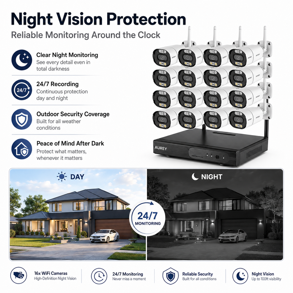 AUREY 16CH 5MP WIFI Security Camera System with 16 Outdoor Cameras, NVR Recorder, 2TB HDD, Night Vision & Remote Viewing