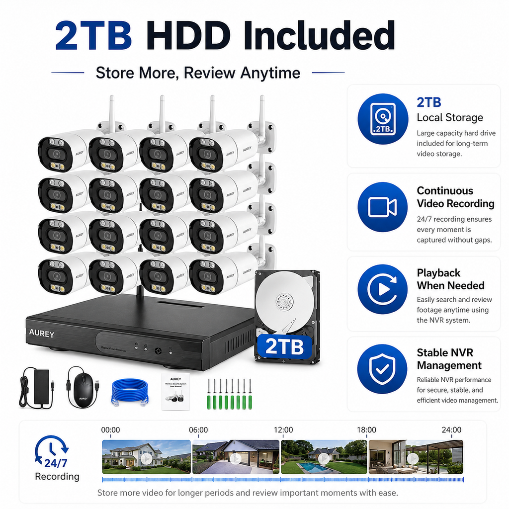 AUREY 16CH 5MP WIFI Security Camera System with 16 Outdoor Cameras, NVR Recorder, 2TB HDD, Night Vision & Remote Viewing