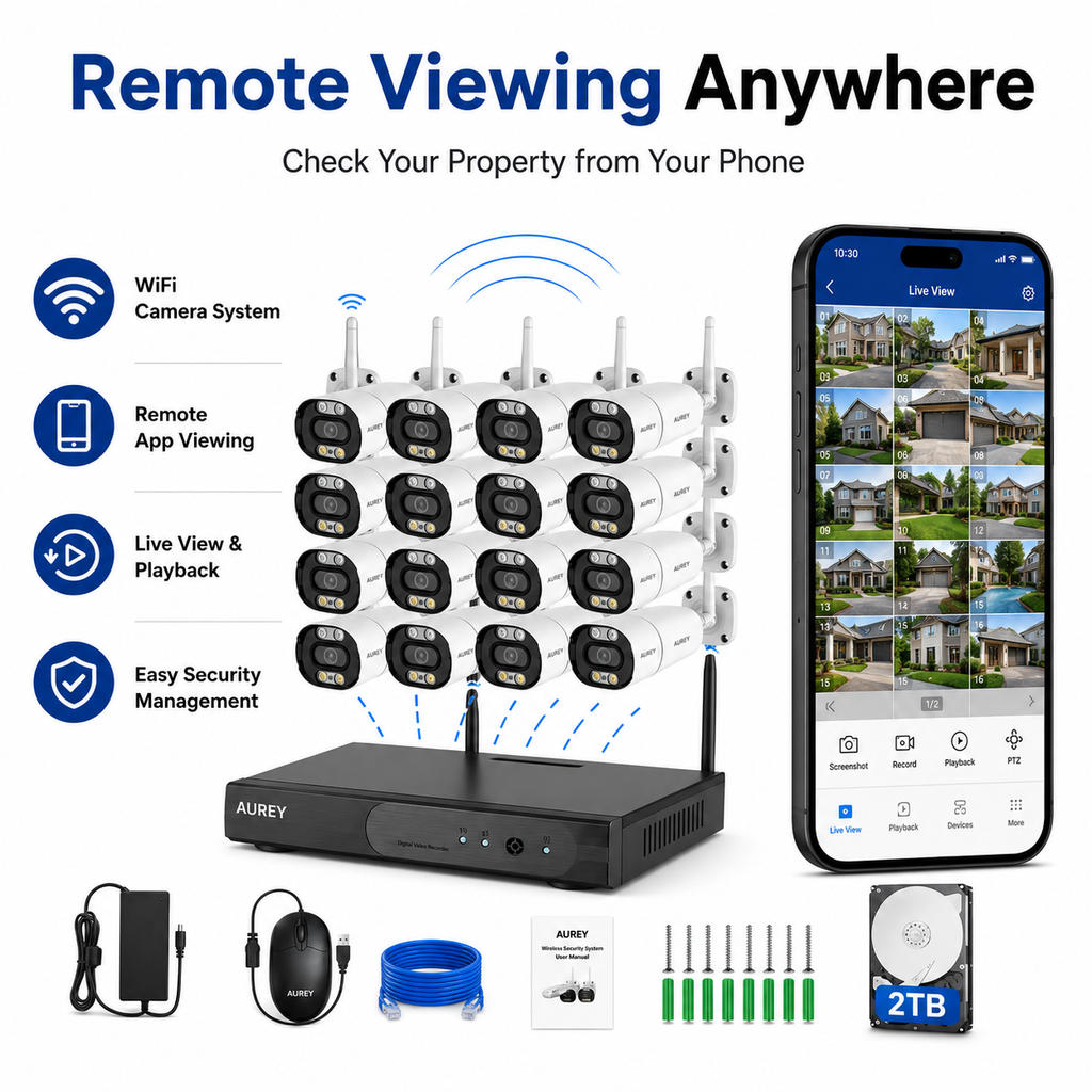 AUREY 16CH 5MP WIFI Security Camera System with 16 Outdoor Cameras, NVR Recorder, 2TB HDD, Night Vision & Remote Viewing