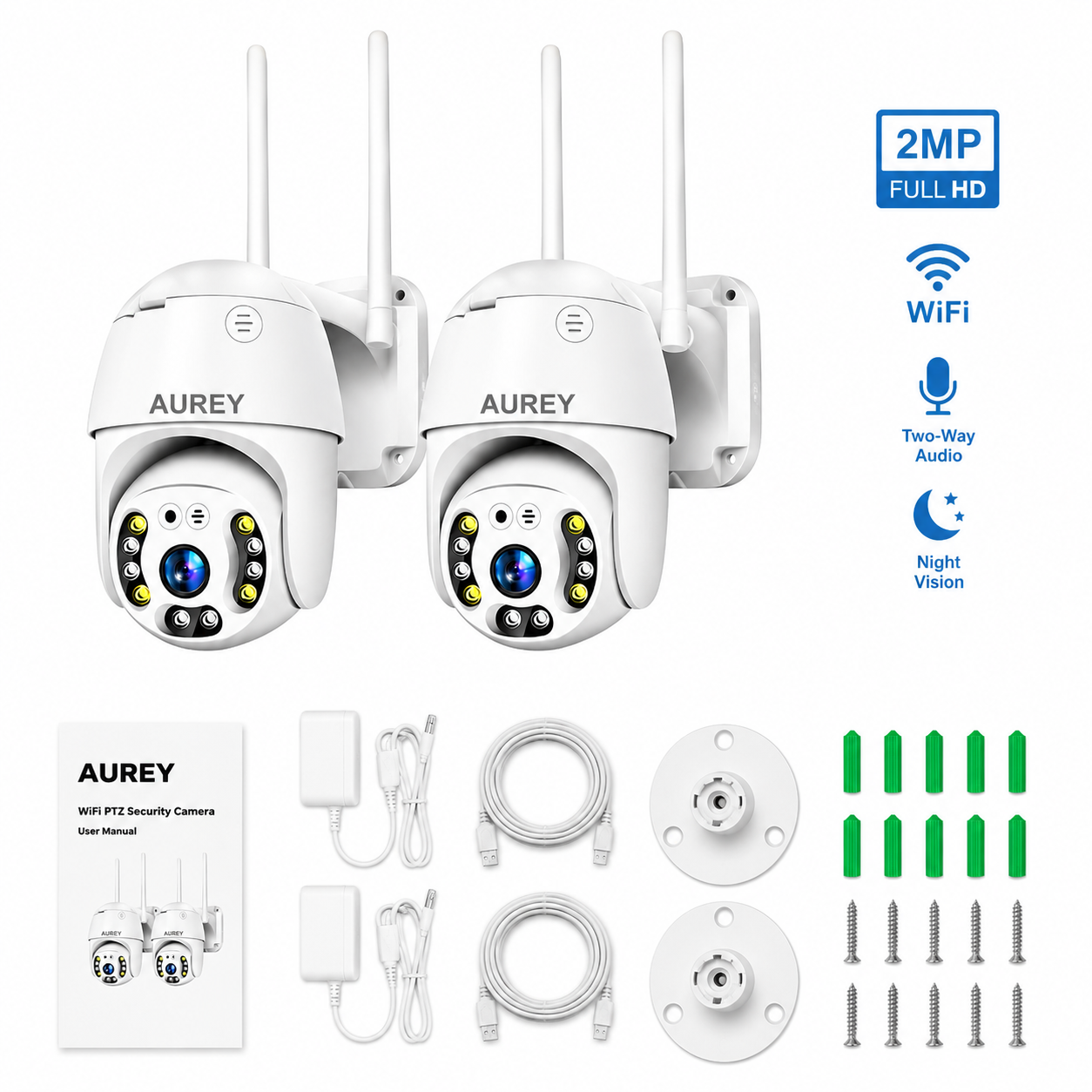 AUREY HYS-A6 2-Pack 2MP WiFi PTZ Security Cameras, Outdoor CCTV Dome Cameras with Night Vision, Motion Detection & Two-Way Audio