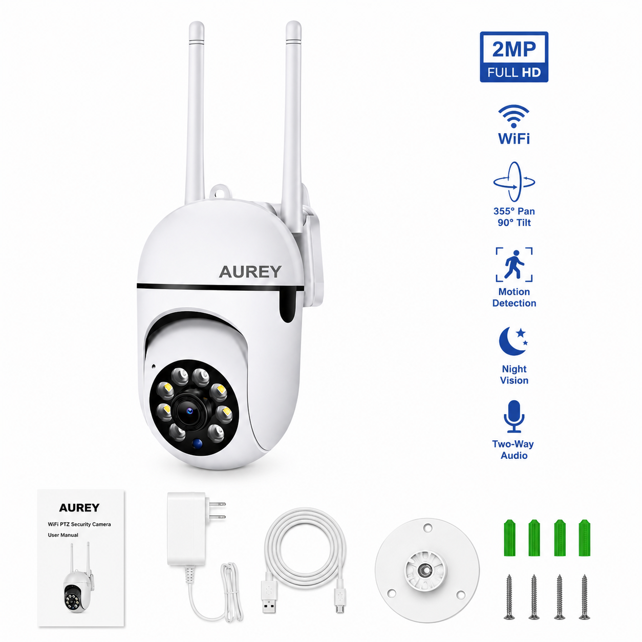 AUREY WiFi 2MP PTZ Security Camera, Outdoor CCTV Dome Camera with Night Vision, Motion Detection & Remote App Viewing