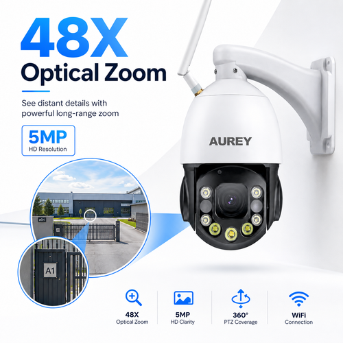 AUREY  48X Zoom 5MP WiFi PTZ Security Camera, Outdoor CCTV Dome Camera with Night Vision & Remote App Viewing
